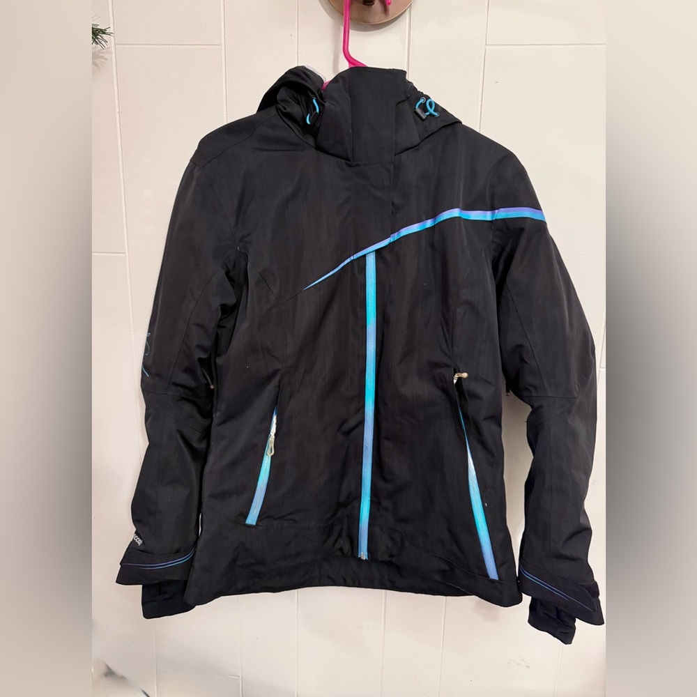 Obermeyer Logan Cocona Women’s Ski Snow Jacket Hooded Sz 8/Med Black Teal RECCO‎